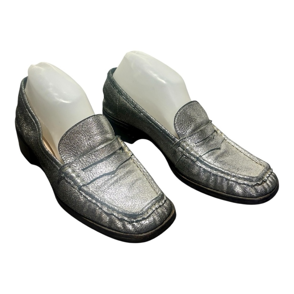 ZARA Shimmery Silver Leather Square Toe Loafers - Picture 3 of 9